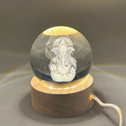 Ganesh 3D Crystal Ball LED Lamp with Wooden Base | USB Powered Night Light for Home Temple, Bedroom & Office | Spiritual Decorative Lamp for Gifting, Housewarming, Diwali & Meditation Décor