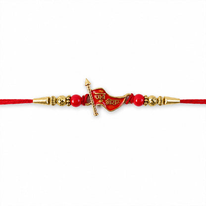 Jay Shree Ram Red Meenakari Flag Rakhi with Gold Beads and Mauli Thread
