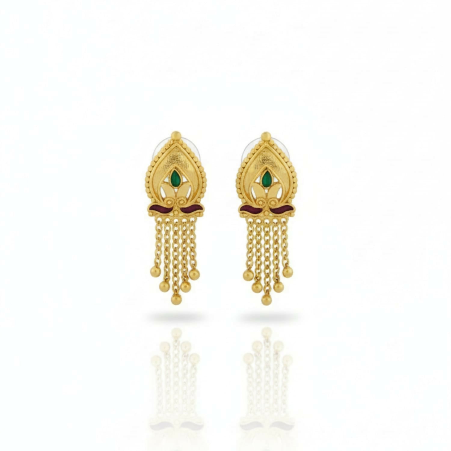 Pair of traditional golden jhumka earrings against a white background highlighting filigree work
