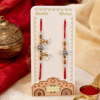 Antique Krishna Couple Rakhi Set with Wooden Beads and Pearl Lumba for Bhaiya Bhabhi