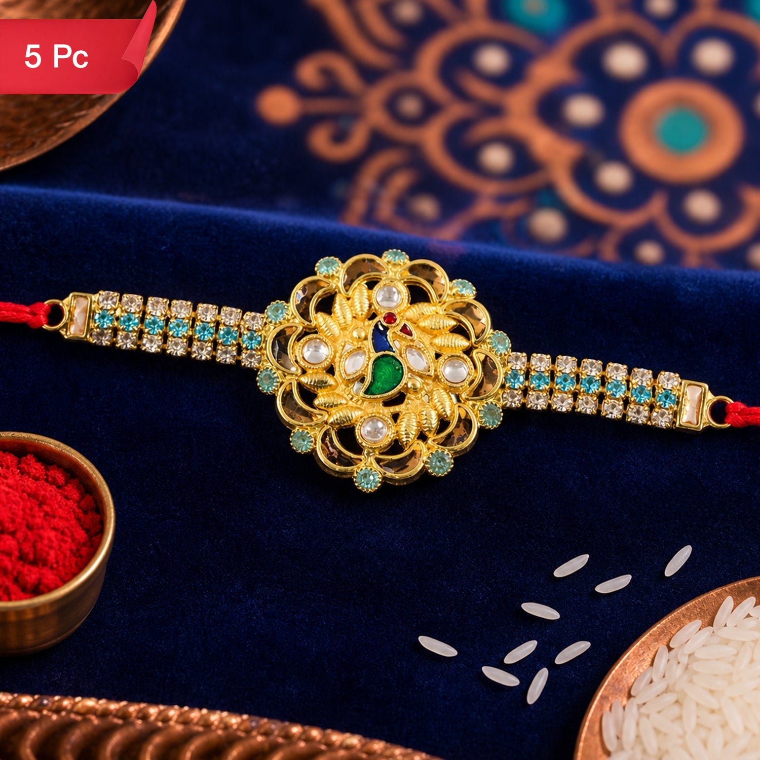 Premium Floral Kundan Rakhi Design for Raksha Bandhan Celebration (5pcs)