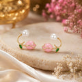 Pink Rose Pearl Stud Earrings for Women | Floral Gold-Tone Enamel Earrings | Elegant Flower Design Fashion Jewelry