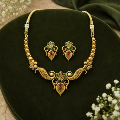 Another close-up of the Rajwadi Pushpika necklace, focusing on the central pendant design and stone embellishments.
