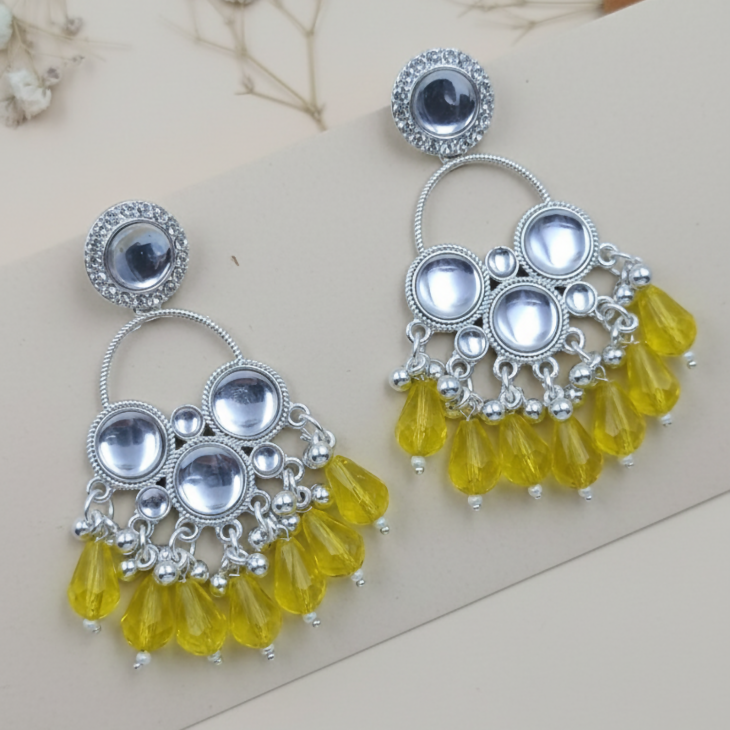 Kundan Yellow Pearl Silver Plated Chandbali Earrings Agate Alloy Chandbali Earring