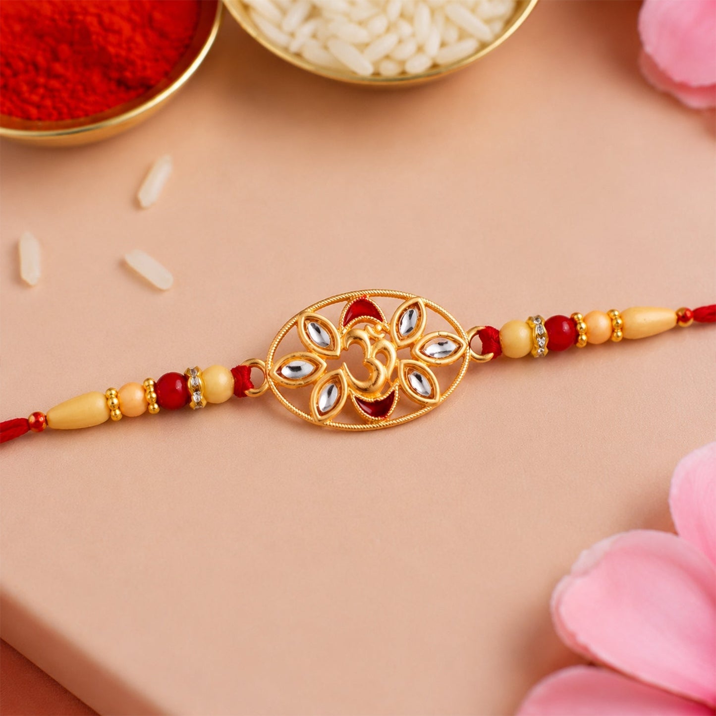 Om Kundan Rakhi Elegant Pearl Bead Design for Brother (10pcs)