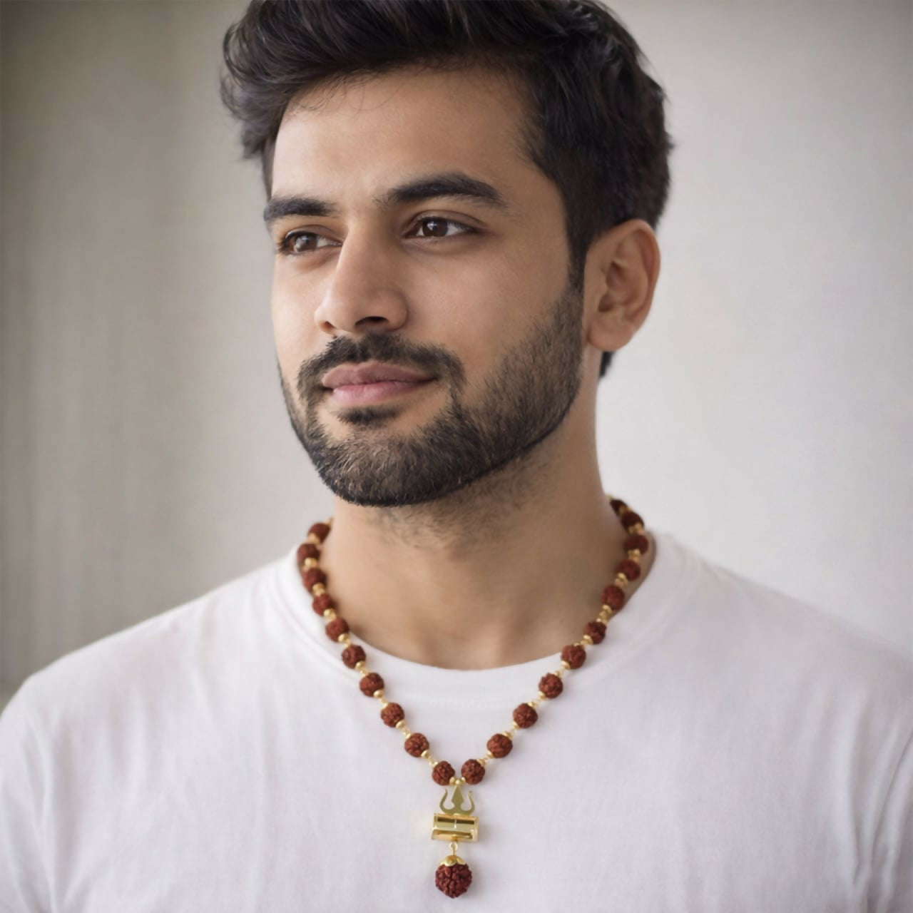 Natural 0riginal Rudraksha Bead Necklace with Trishul Pendant Spiritual Mala for Men