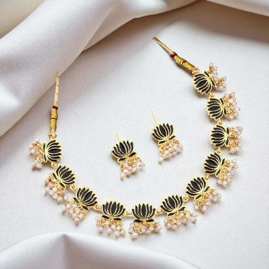 Gold Necklace with Black Lotus & White Beads Pendant for Women Stylish Jewelry