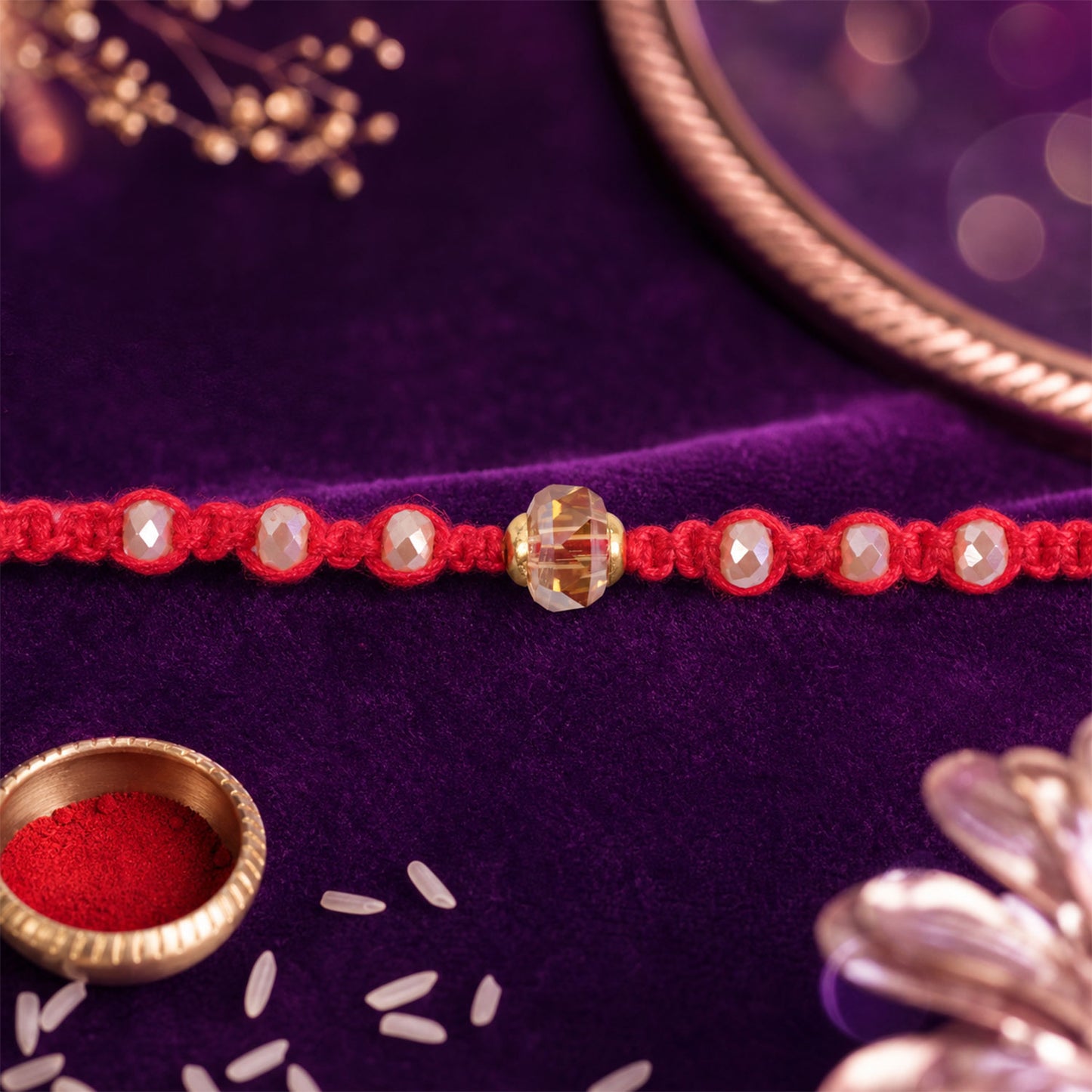 Red Beaded Rakhi with Champagne Crystal Bead and Red Bead Accents