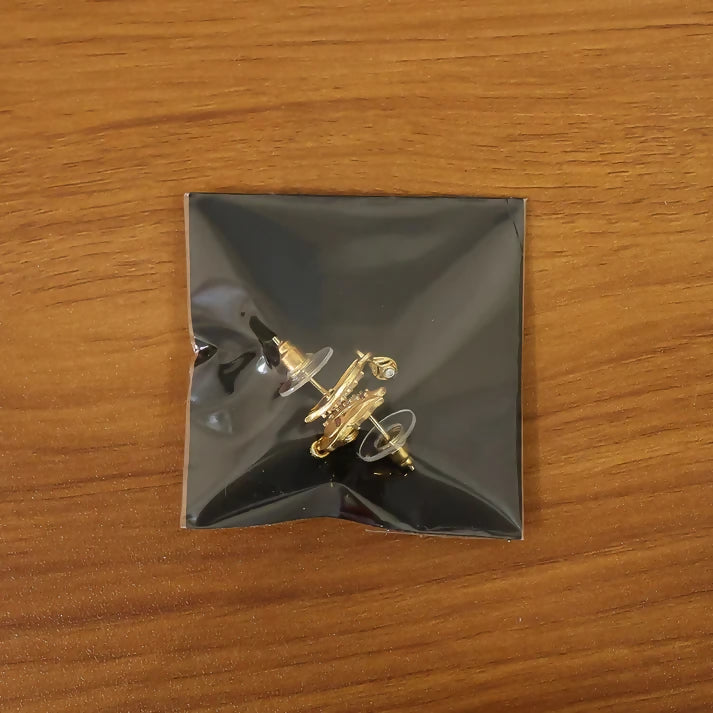 Traditional Curved Leaf Style Gold Stud Earrings With Crystal Detailing And Drop Charm