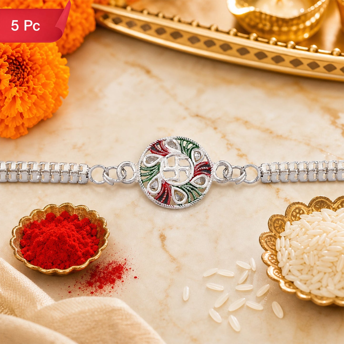Buy Swastik Rakhi with Tricolor Enamel Silver Chain for Brother (5pcs)