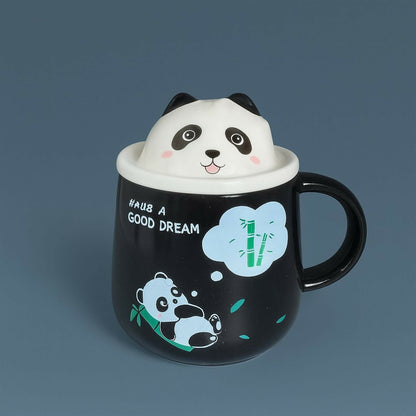 Pack of 1 Cute Panda Ceramic Mug with Lid & Spoon | Cartoon Panda Coffee & Milk Cup for Kids & Adults | Premium Quality Cartoon Mug for Home, Office, Gifting & Daily Use | Heat-Resistant, Easy-Grip Handle (Cute Panda Design)