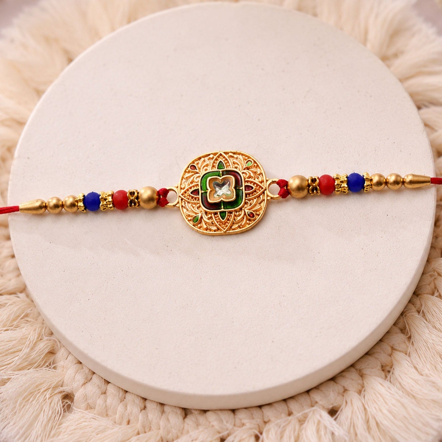 Kundan Rakhi Traditional Antique Gold Finish with Multicolor Beads (5pcs)