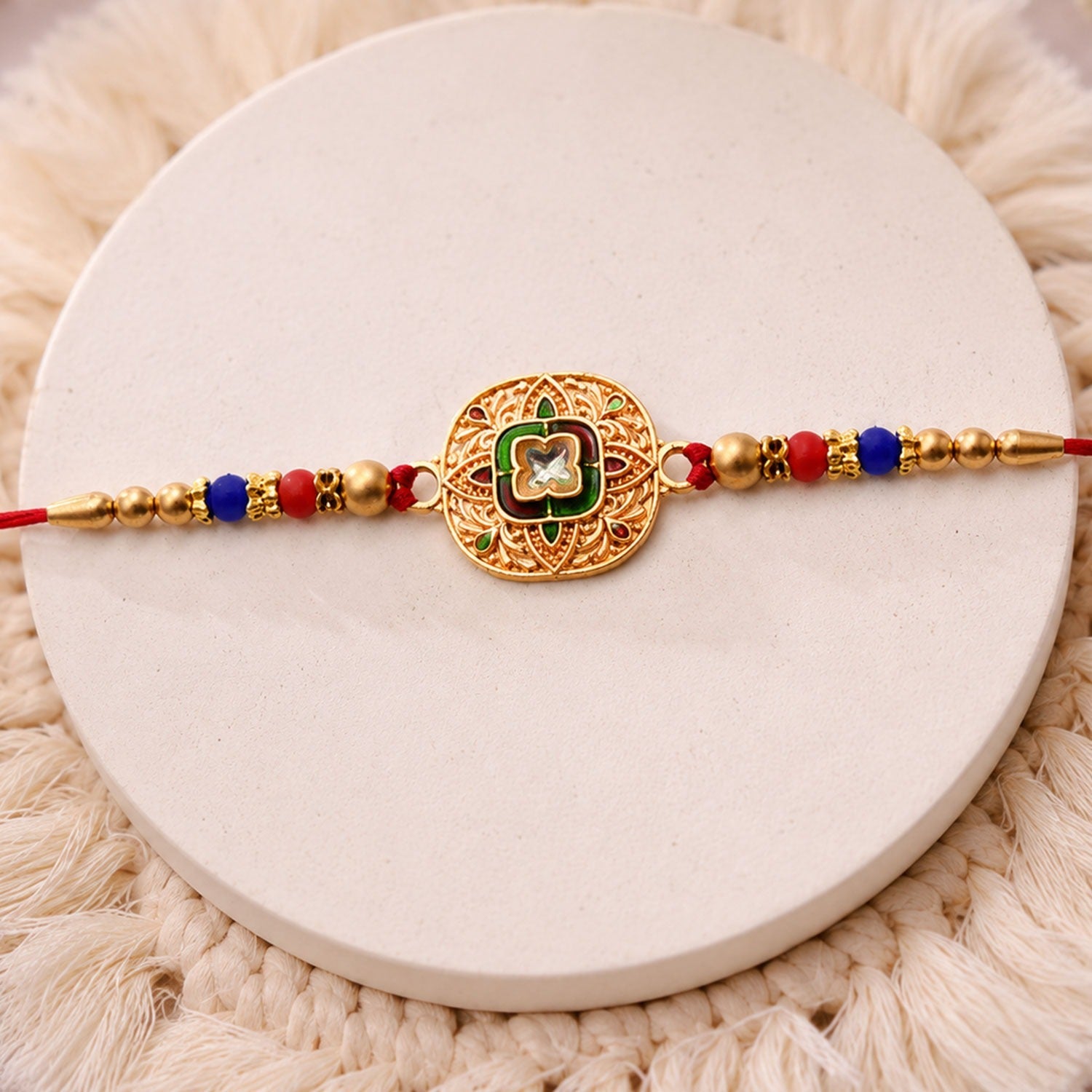 Kundan Rakhi Traditional Antique Gold Finish with Multicolor Beads (5pcs)