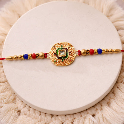 Kundan Rakhi Traditional Antique Gold Finish with Multicolor Beads (10pcs)