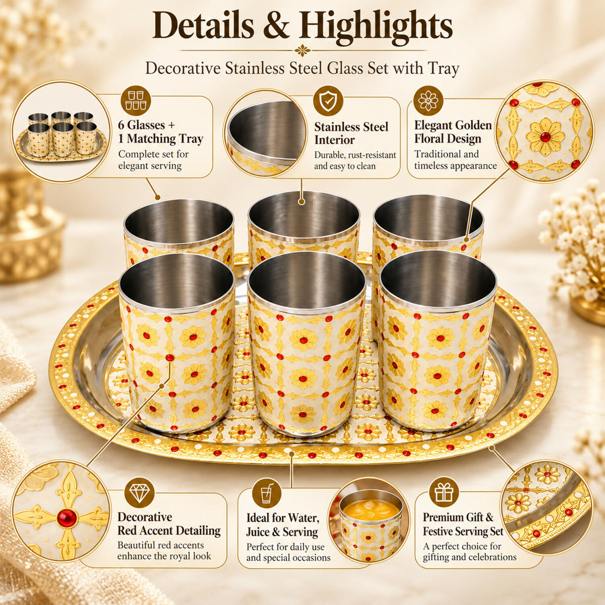 An infographic highlighting features of a decorative stainless steel glass set with a tray.