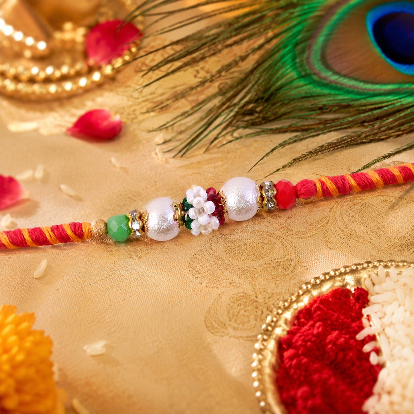 Colorful Golden Stone Rakhi with Bright Beads and Playful Festive Charm