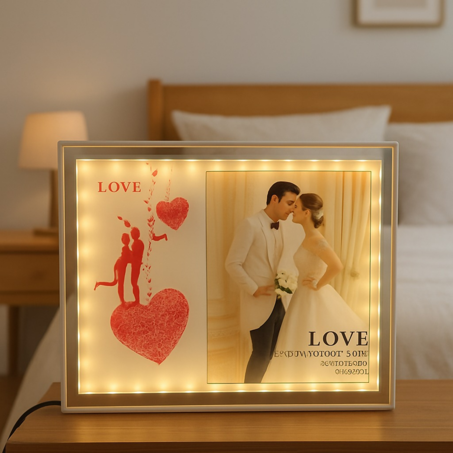 Romantic LED Couple Photo Frame with Red Love Artwork | Warm Light Illuminated Wedding & Anniversary Picture Frame | USB Powered Tabletop Decorative Love Lamp for Bedroom, Home Decor & Valentine Gifting