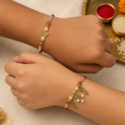 Divine Floral Cluster Bhai Bhabhi Rakhi with Flower Cluster and Leaf Charms for Gift
