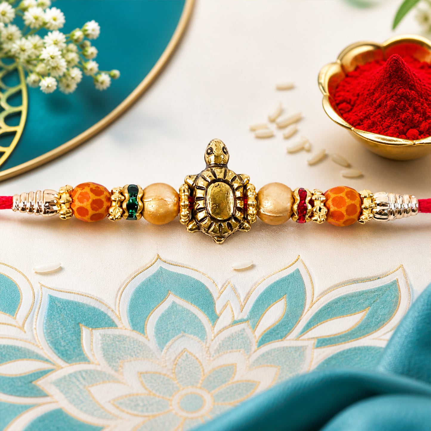Red Thread Rakhi with Antique Gold Turtle Pendant and Beaded Accents