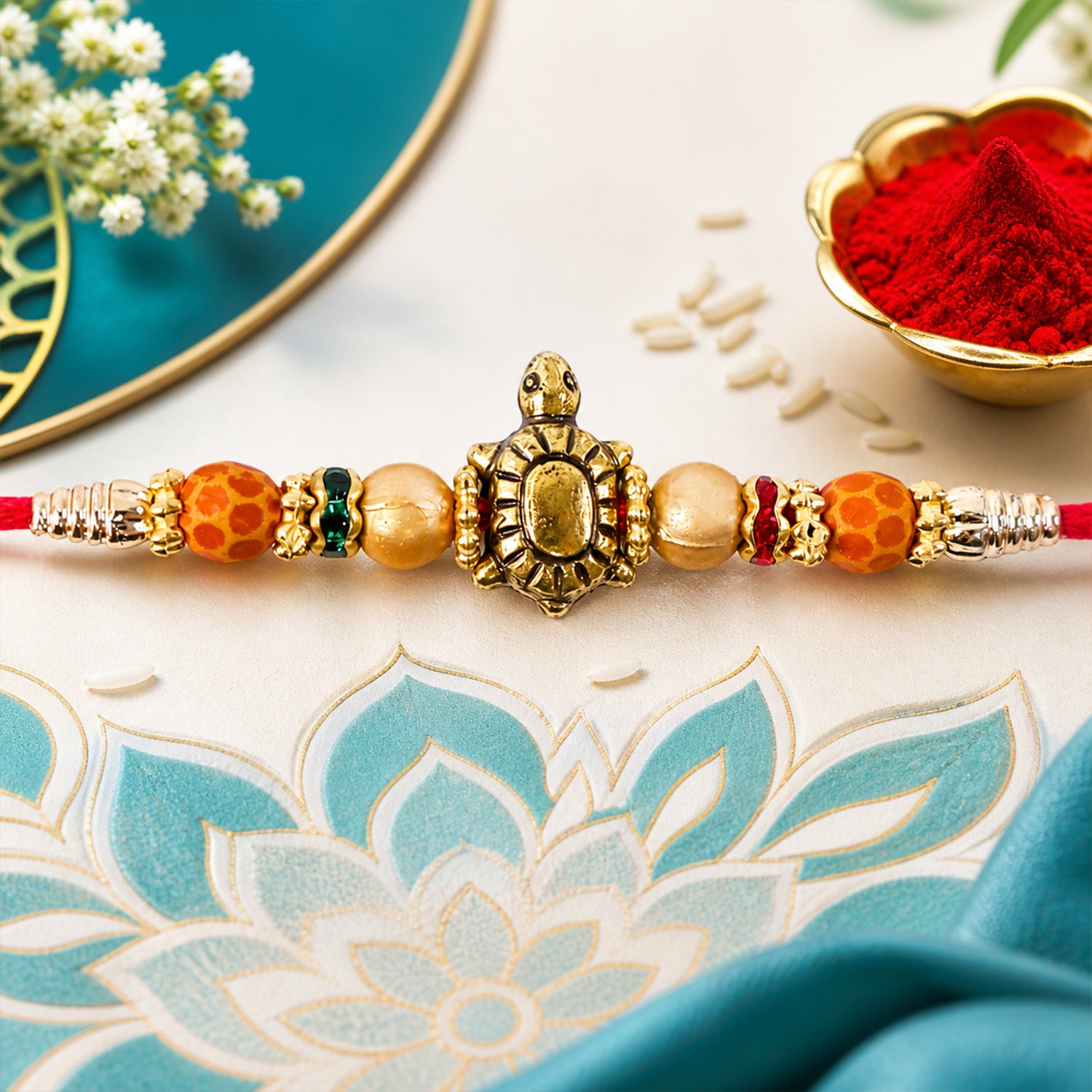 Red Thread Rakhi with Antique Gold Turtle Pendant and Beaded Accents