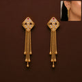 Gold Plated Long Tassel Earrings with Diamond Flower Motif and Multi Chain Drop Design