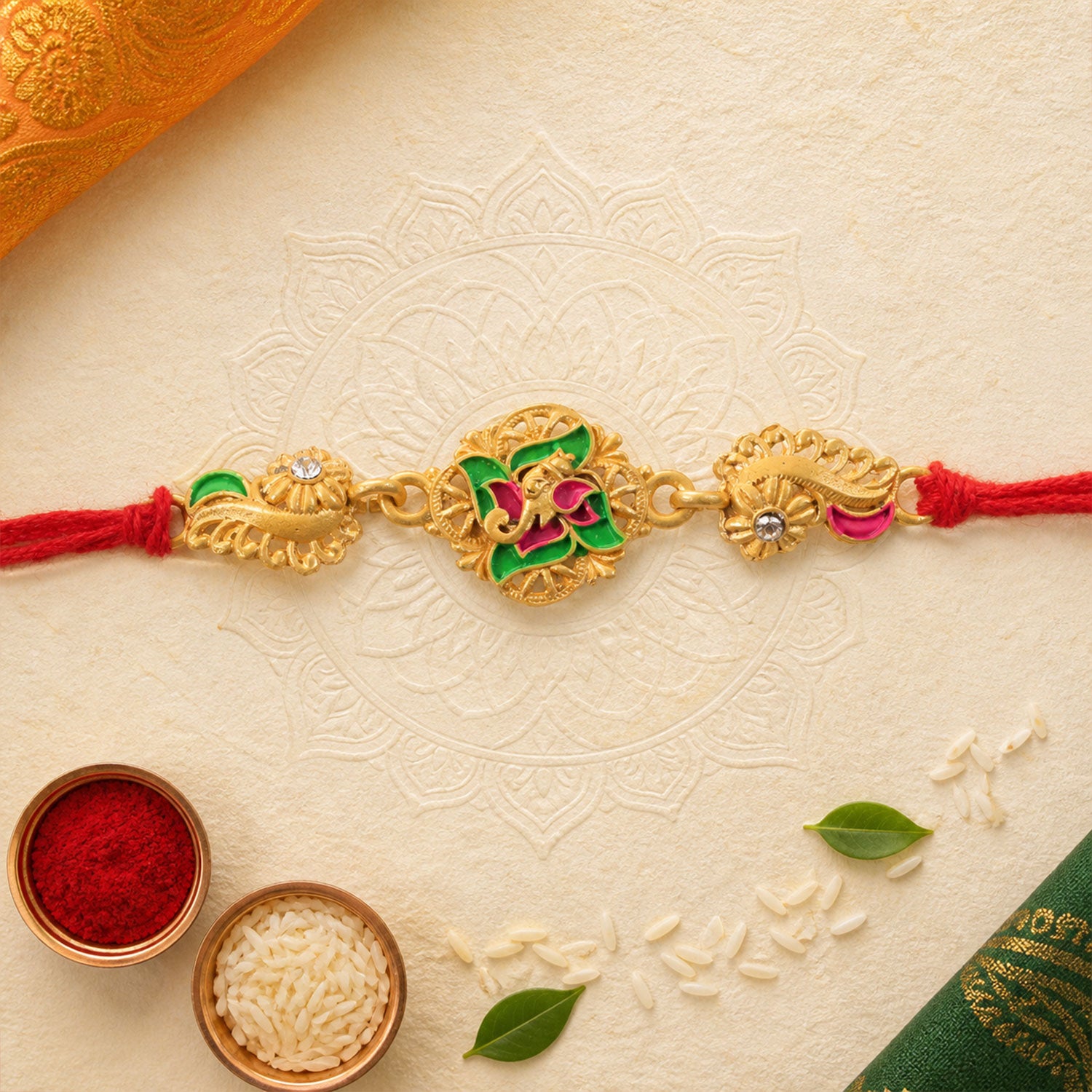 Premium Rakhi showcasing Floral Medallion, crystal accents and chain look for Gift