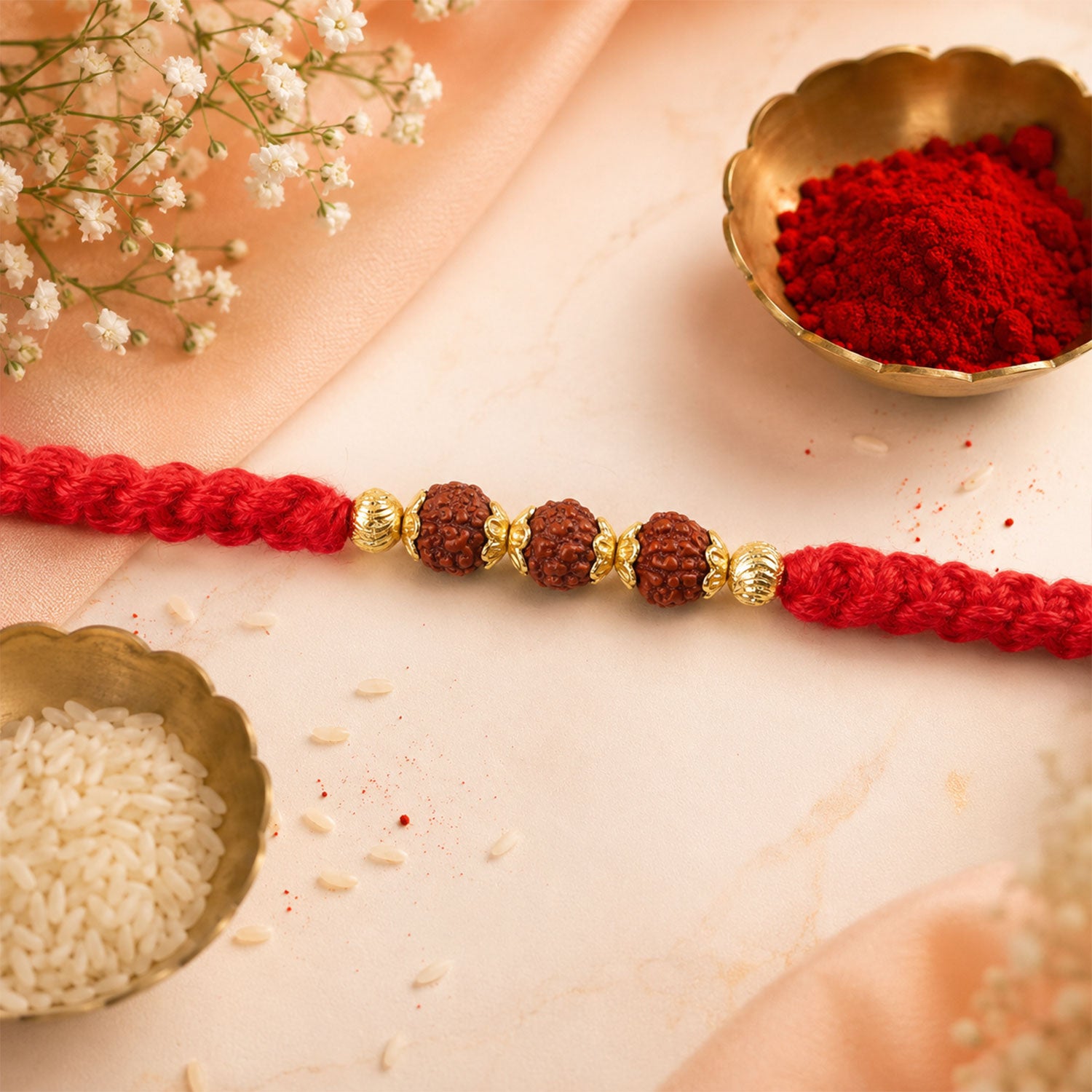 Red Braided Rakhi with Rudraksha Beads and Golden Bead Accents