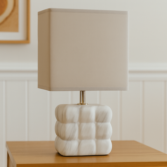 Modern White Bubble-Texture Ceramic Table Lamp with Square Fabric Shade | Luxury Ambient Night Lamp for Bedroom, Living Room & Study | Soft Warm Decorative Home Lighting