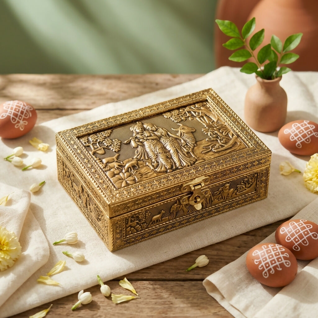 Golden embossed Radha Krishna metal jewelry box front view