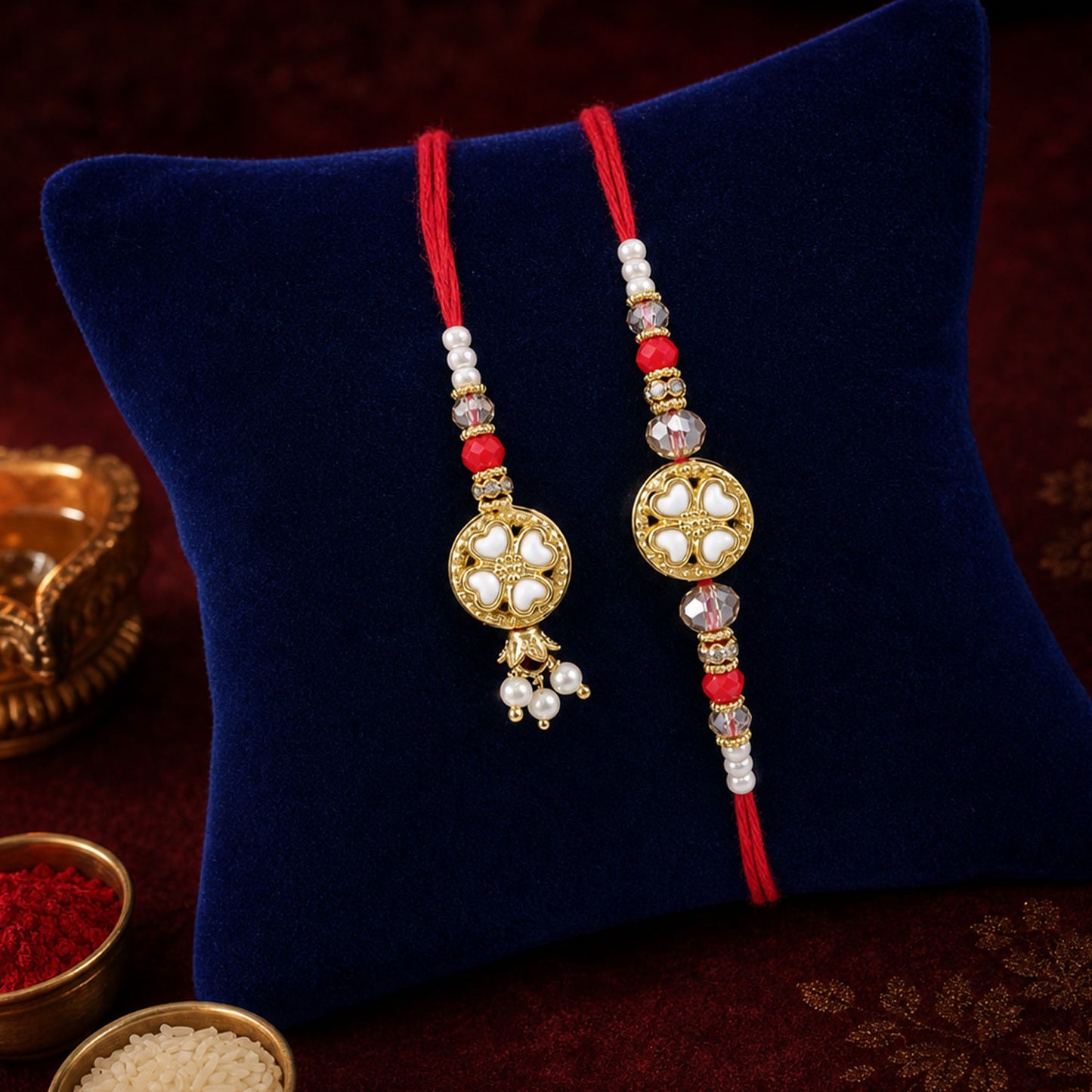 Divine Floral Medallion Bhai Bhabhi Rakhi with Flower Ring and Pearl Drops for Gift