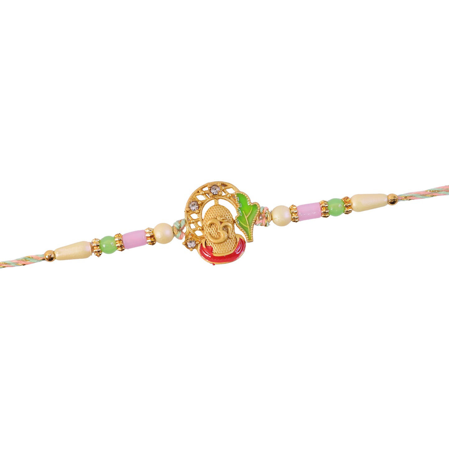 Textured Gold Om Pendant Rakhi with Leaf Accent and Pearl Beads