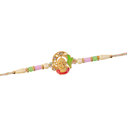 Textured Gold Om Pendant Rakhi with Leaf Accent and Pearl Beads