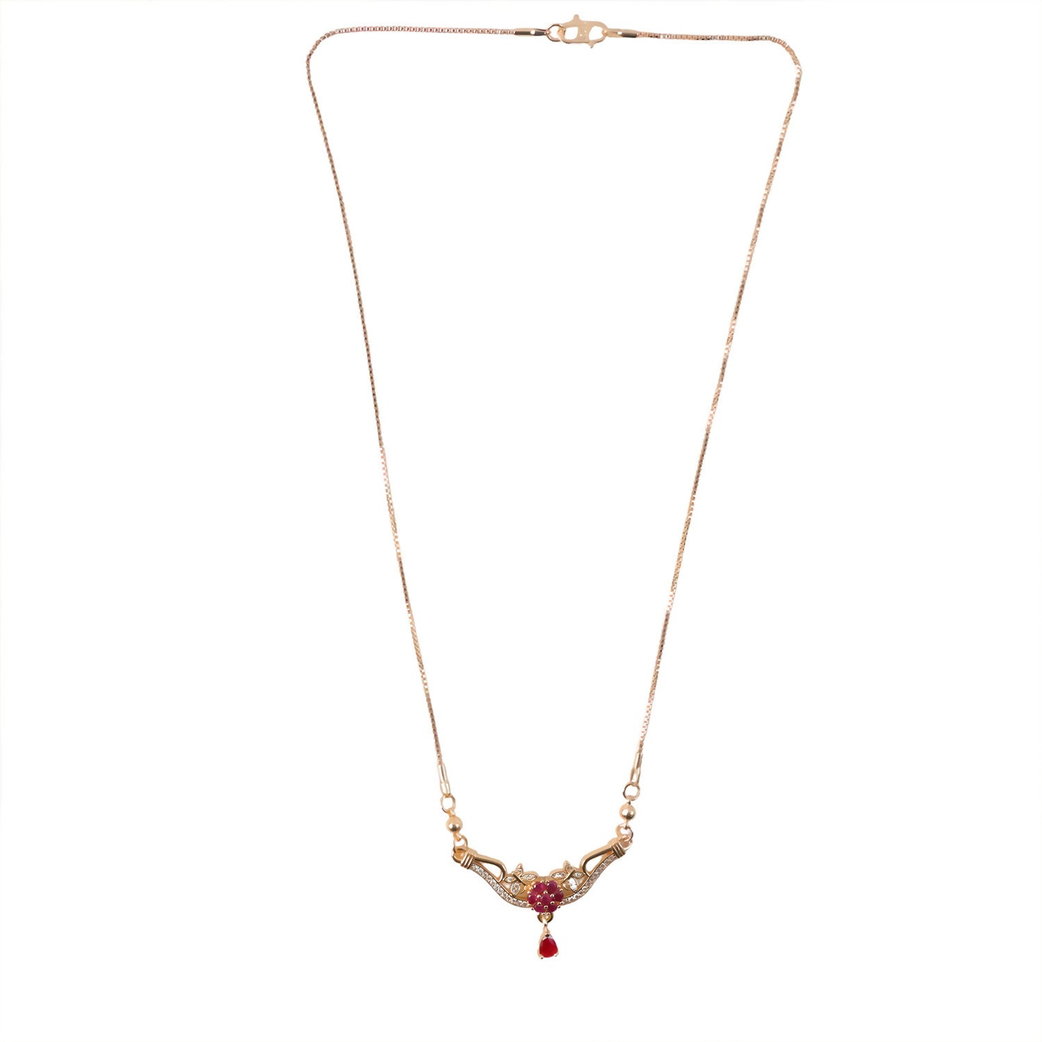 Elegant gold finish floral pendant necklace with sparkling stones and red drop