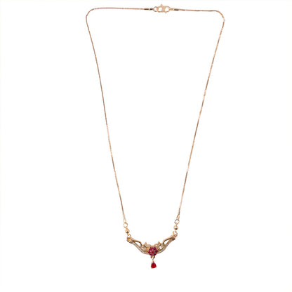 Elegant gold finish floral pendant necklace with sparkling stones and red drop
