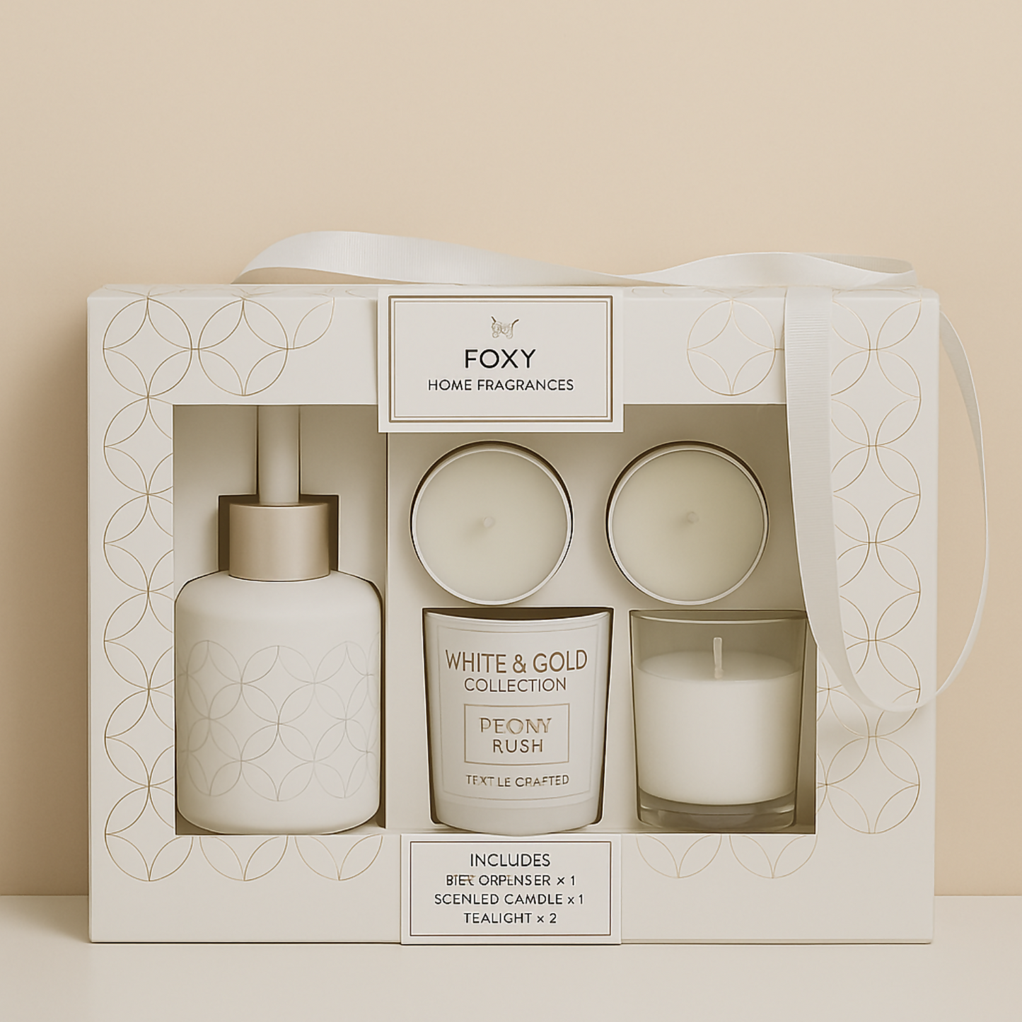 Luxury Peony Fragrance Gift Set – Foxy Home Fragrances White & Gold Collection | Scented Candle & Reed Diffuser Combo with Tealight Candles | Elegant Home Décor Gift Set for Women