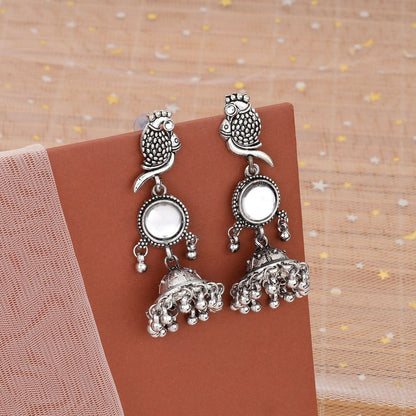 Silver Peacock Jhumka Earrings showcasing intricate oxidised silver peacock motif
