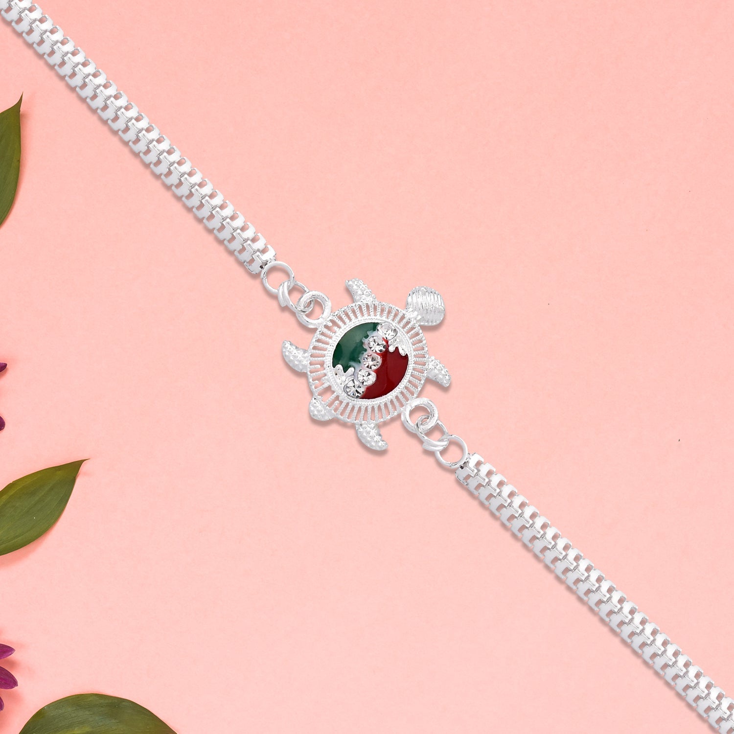 Turtle Rakhi for Brother Silver Enamel Chain Design (10pcs)