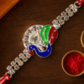Silver-Toned Peacock Rakhi with Multicolor Enamel, Kundan-Style Stone & Double Crystal Chain