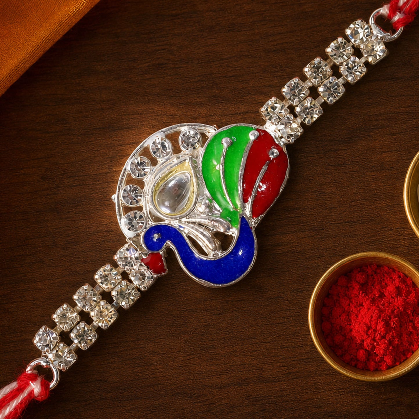 Silver-Toned Peacock Rakhi with Multicolor Enamel, Kundan-Style Stone & Double Crystal Chain