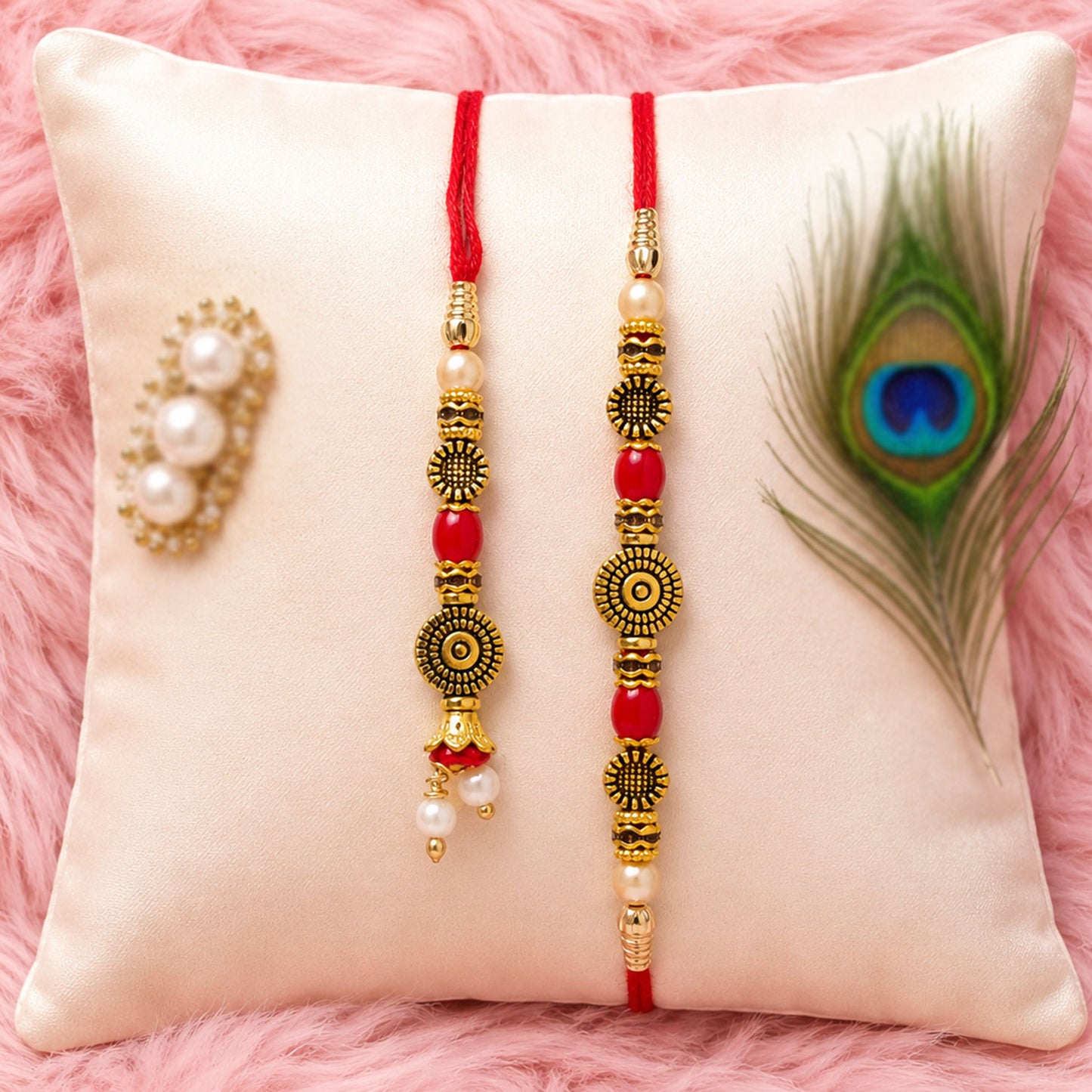 Graceful Beaded Minimal Design Bhai Bhabhi Rakhi with Beads and Disc for Gifting