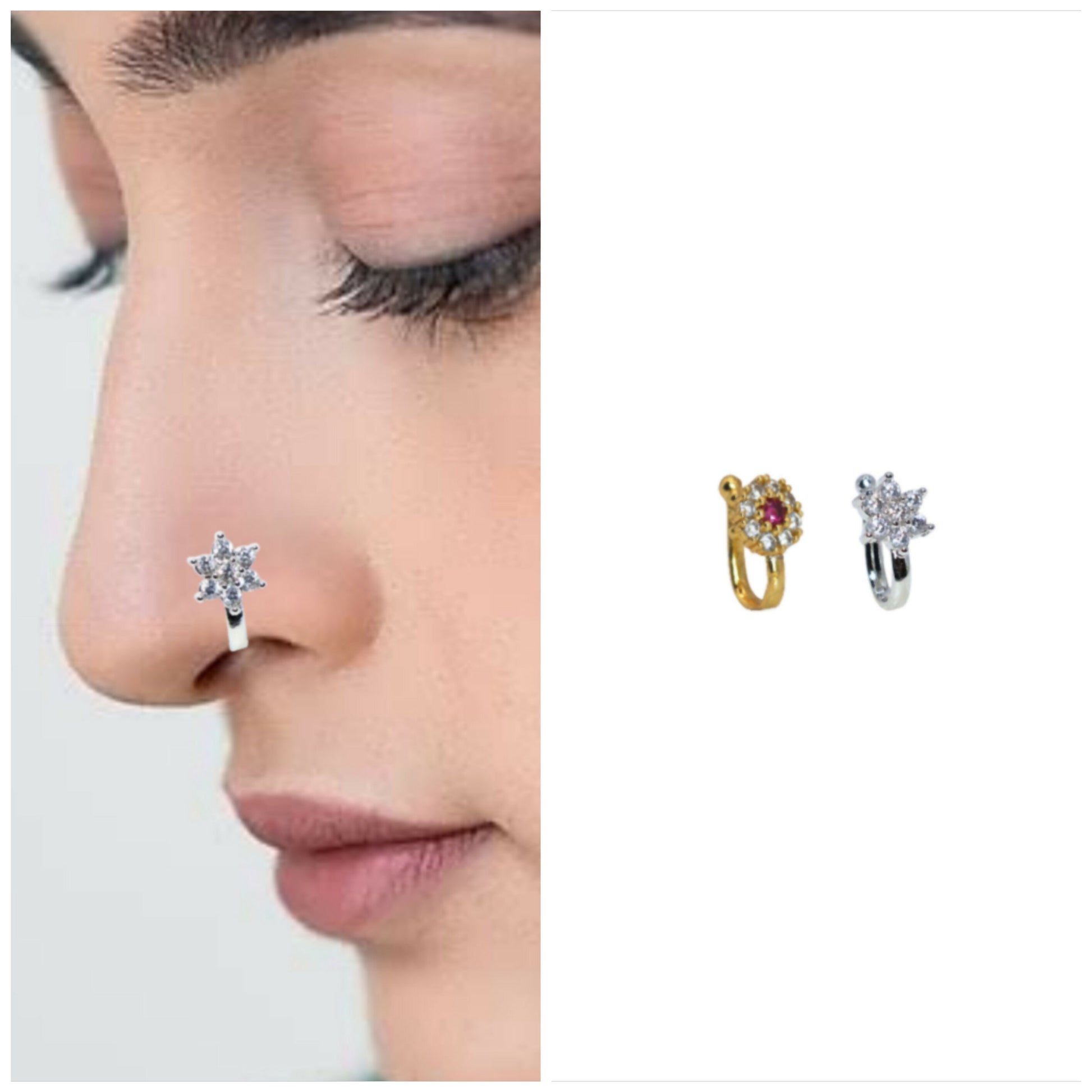 Rhodium Plated Non-Pierced Press Nath/Nose Pin for Women Combo Pack of 2