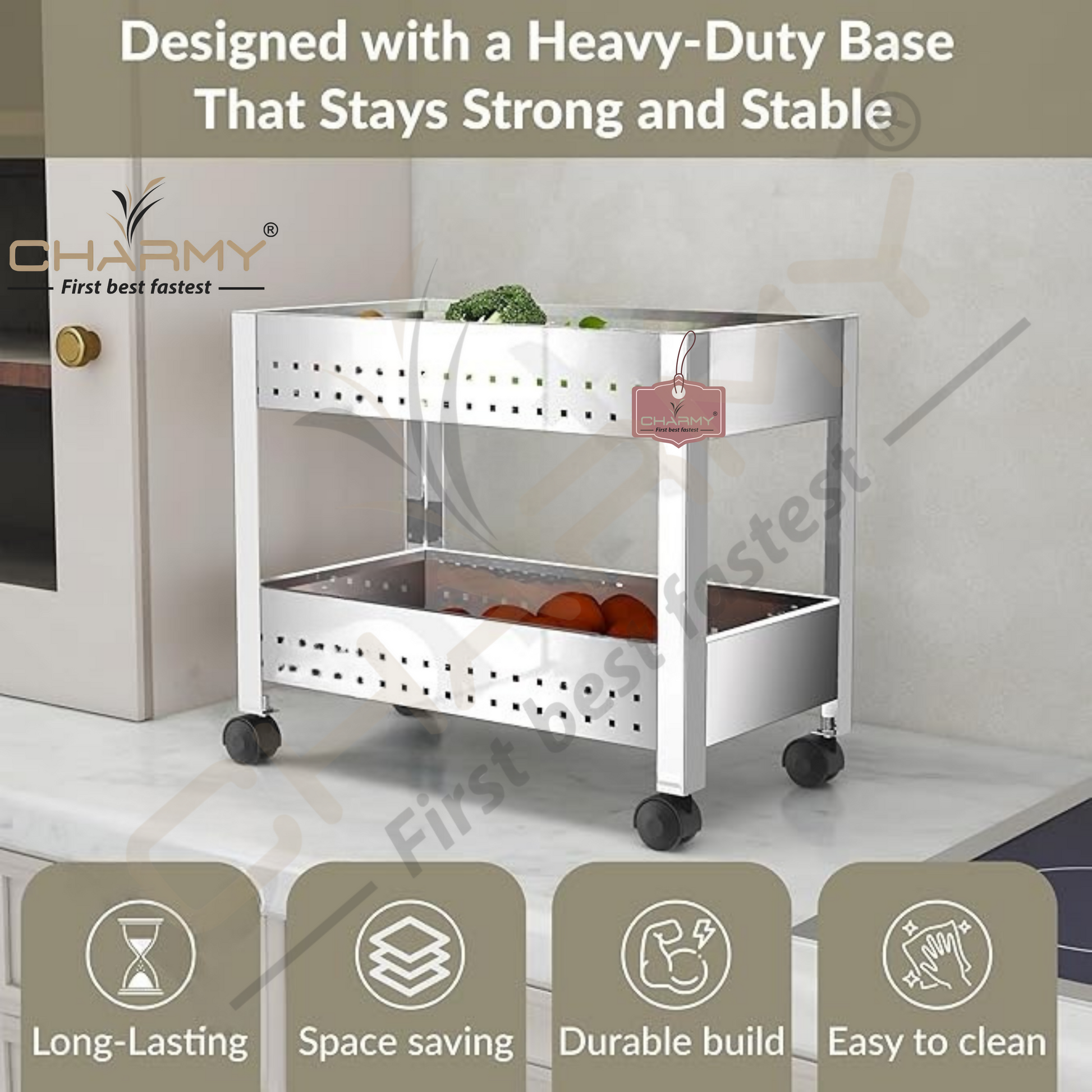 Stainless Steel 2-Tier Vegetable Storage Trolley Silver