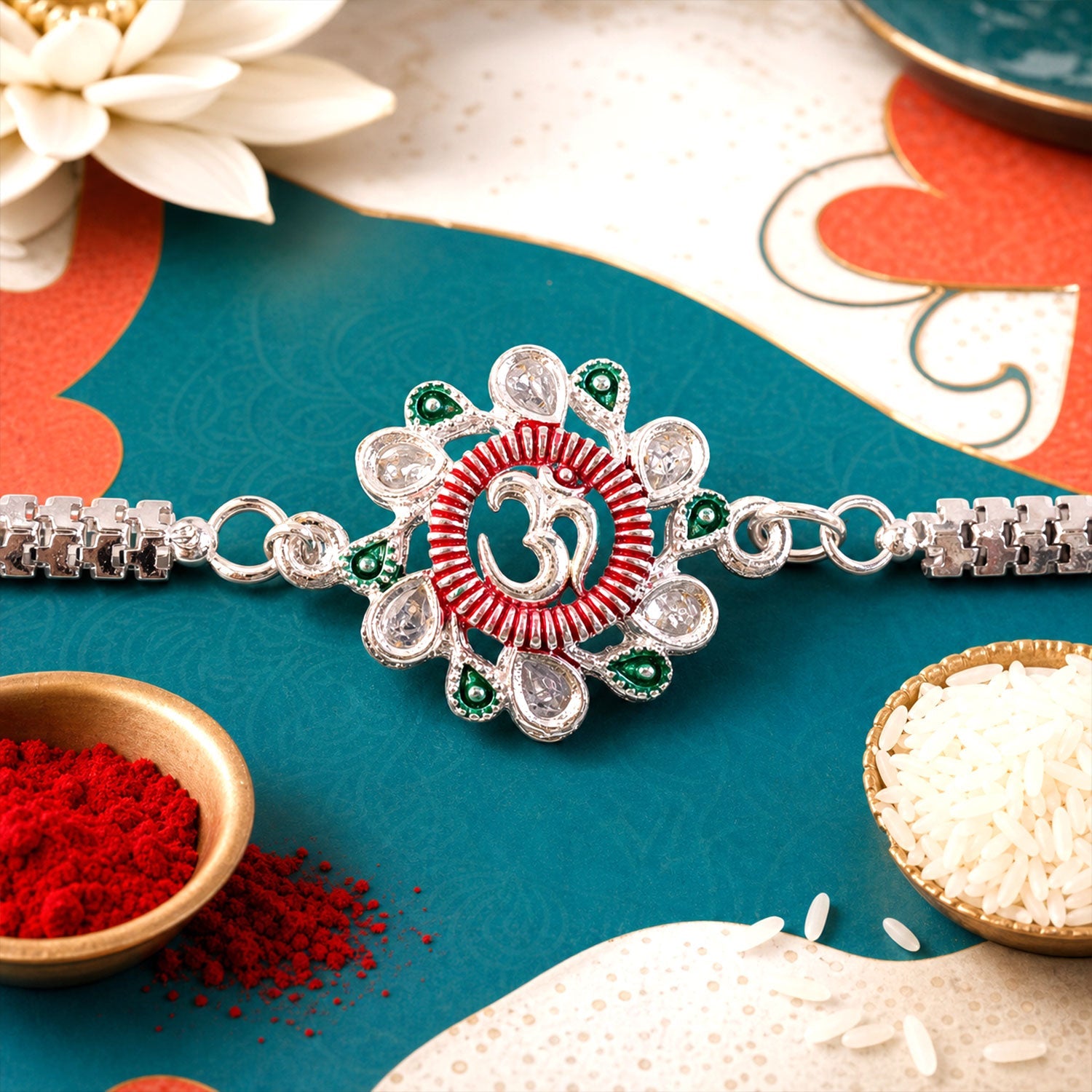 Om Rakhi Floral Design with Pink Green Accents for Raksha Bandhan (10pcs)