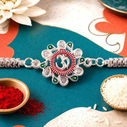 Om Rakhi Floral Design with Pink Green Accents for Raksha Bandhan (10pcs)