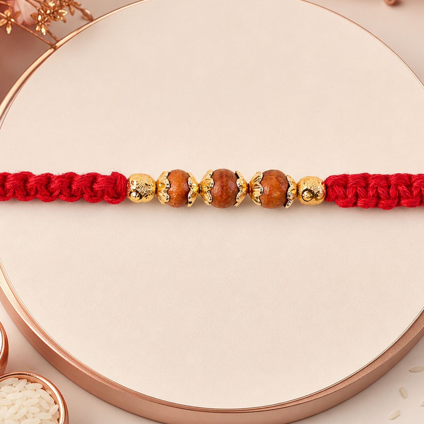 Red Braided Rakhi with Natural Wooden Bead Pendant Accents