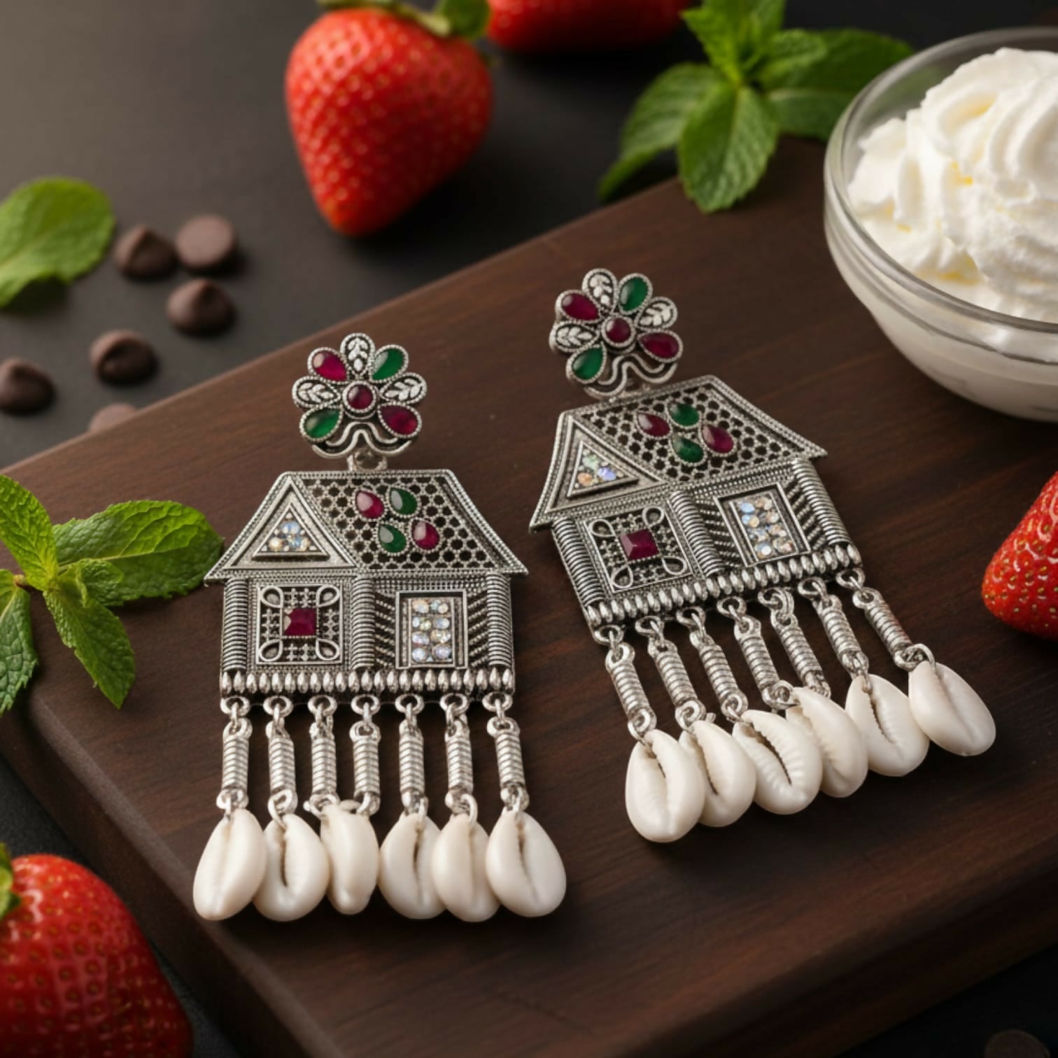 Oxidized Silver House-Shaped Earrings with Multicolor Stones & Shell Danglers