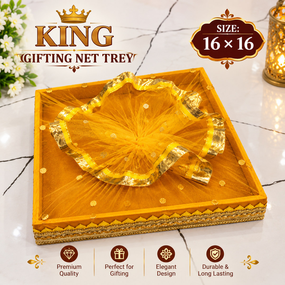 A yellow square tray with ruffled net and gold border, with text overlay and decorative elements.