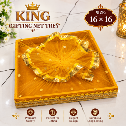 A yellow square tray with ruffled net and gold border, with text overlay and decorative elements.