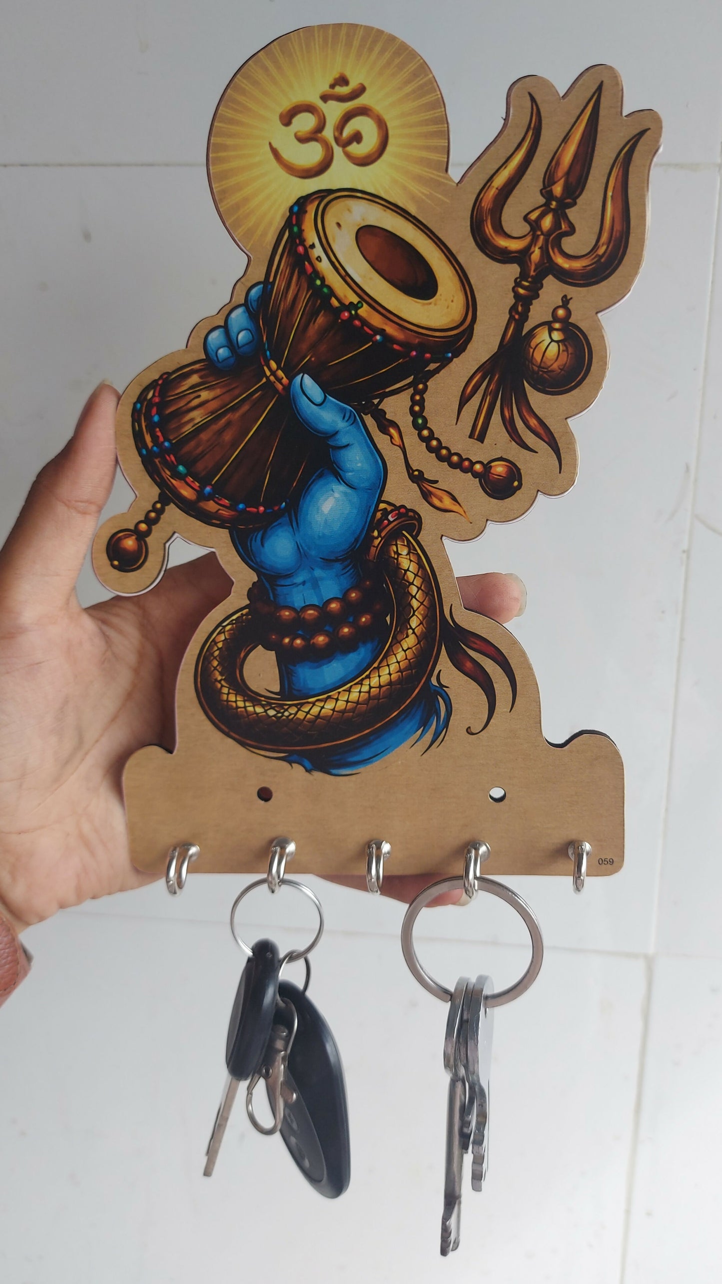 Mahadev wooden key holder with scale for size reference