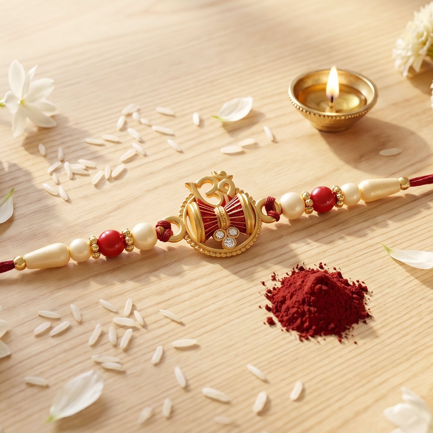 Golden Damru Om Rakhi for Boys with Red and White Beads